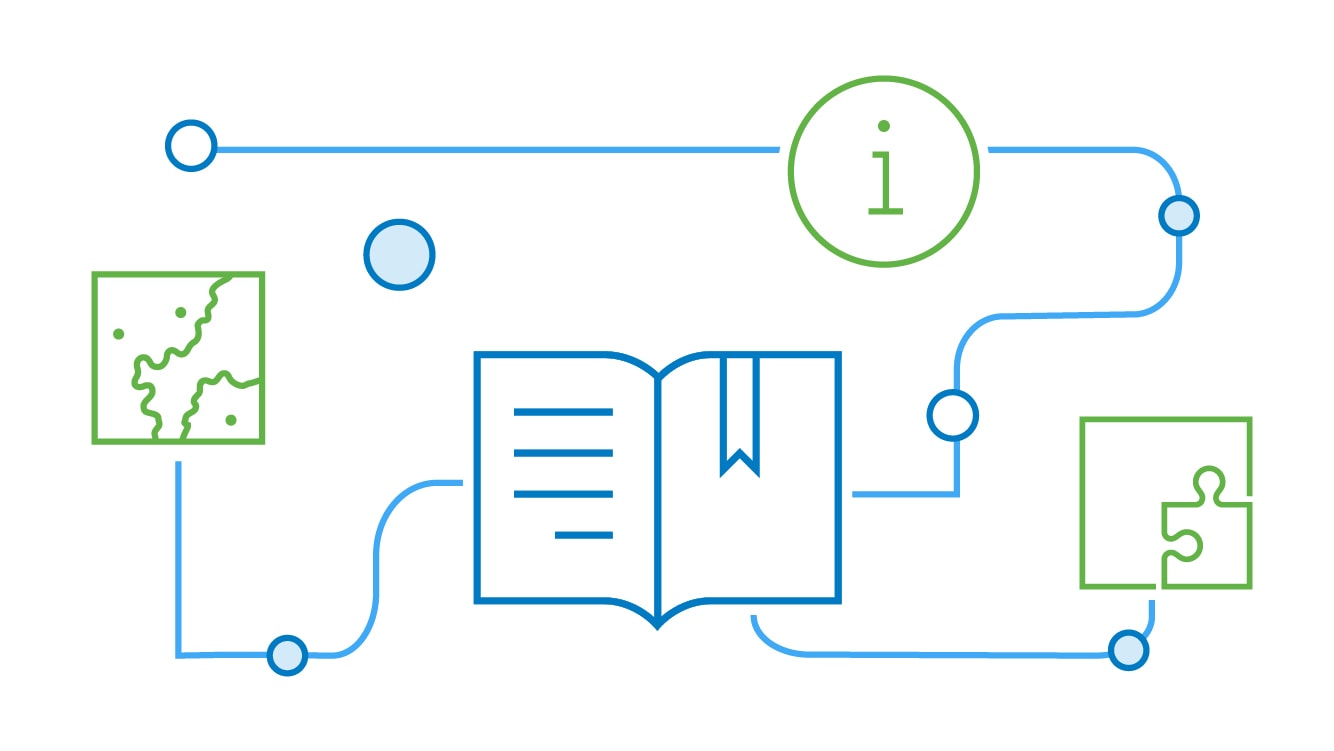 An illustration of a book with lines connecting out to a map, a puzzle piece, and an information icon